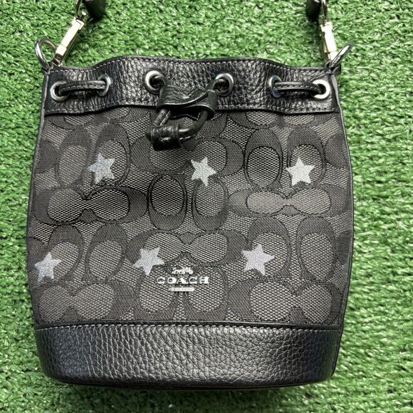 Coach Dempsey Drawstring Bucket Mini Bag SigJacquard Star Embroidery SMOKE BLACK - Picture 2 of 9